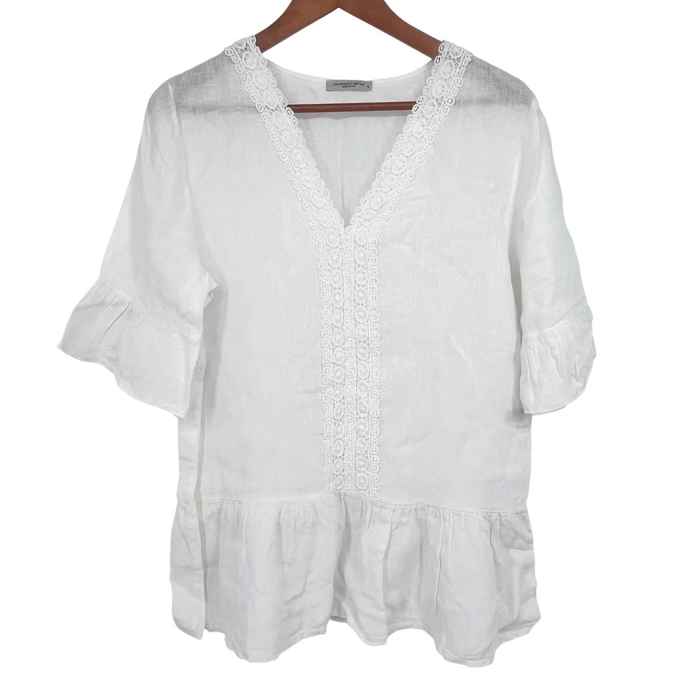 Francesca Bettini‎ Womens Tunic Top Small White Linen Lace Crochet Boho Resort